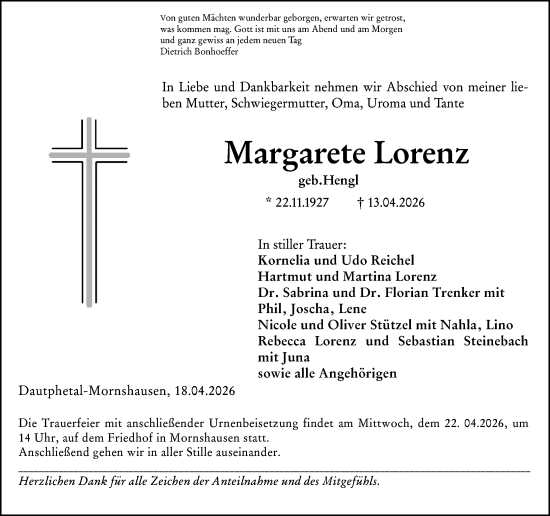 Traueranzeige von Margarete Lorenz von Hinterländer Anzeiger