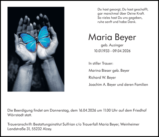 Traueranzeige von Maria Beyer von Allgemeine Zeitung Alzey