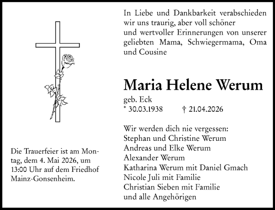 Traueranzeige von Maria Helene Werum von Allgemeine Zeitung Mainz