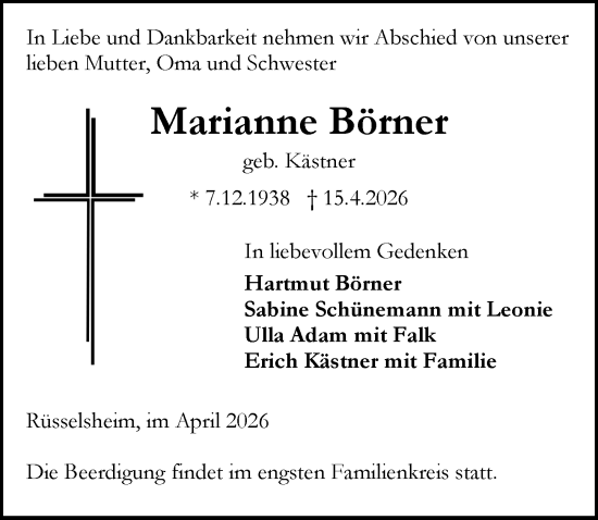 Traueranzeige von Marianne Börner von Rüsselsheimer Echo