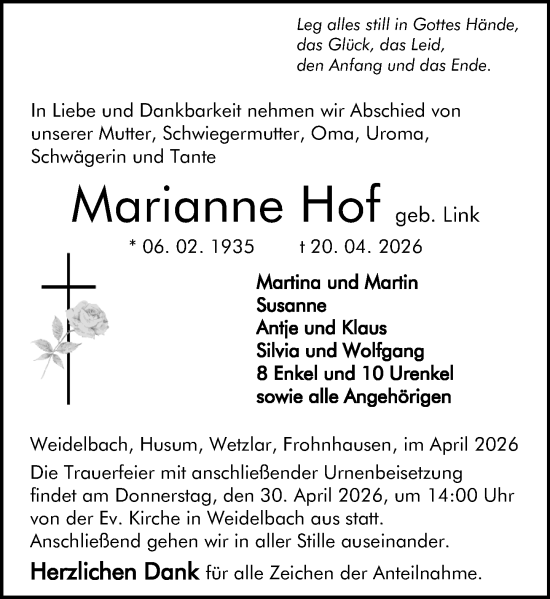 Traueranzeige von Marianne Hof von Dill Block