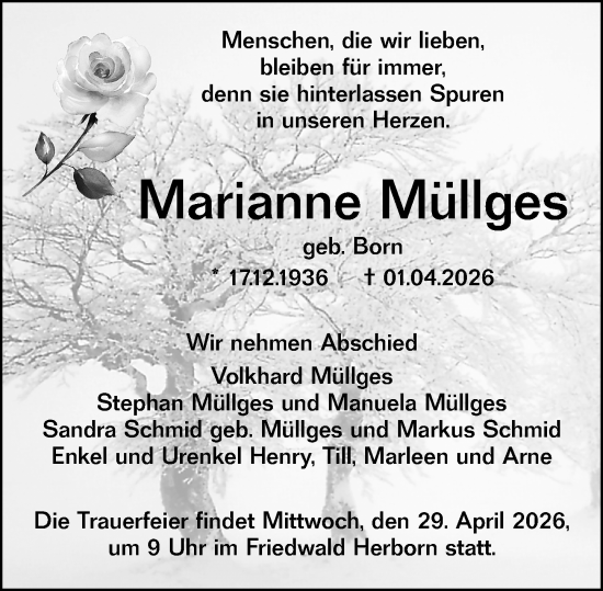 Traueranzeige von Marianne Müllges von Dill Block