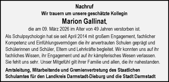 Traueranzeige von Marion Gallinat von Darmstädter Echo