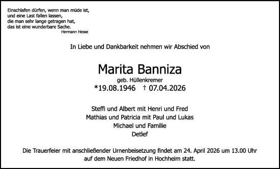 Traueranzeige von Marita Banniza von Hochheimer Zeitung