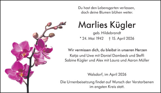 Traueranzeige von Marlies Kügler von Camberger Anzeiger
