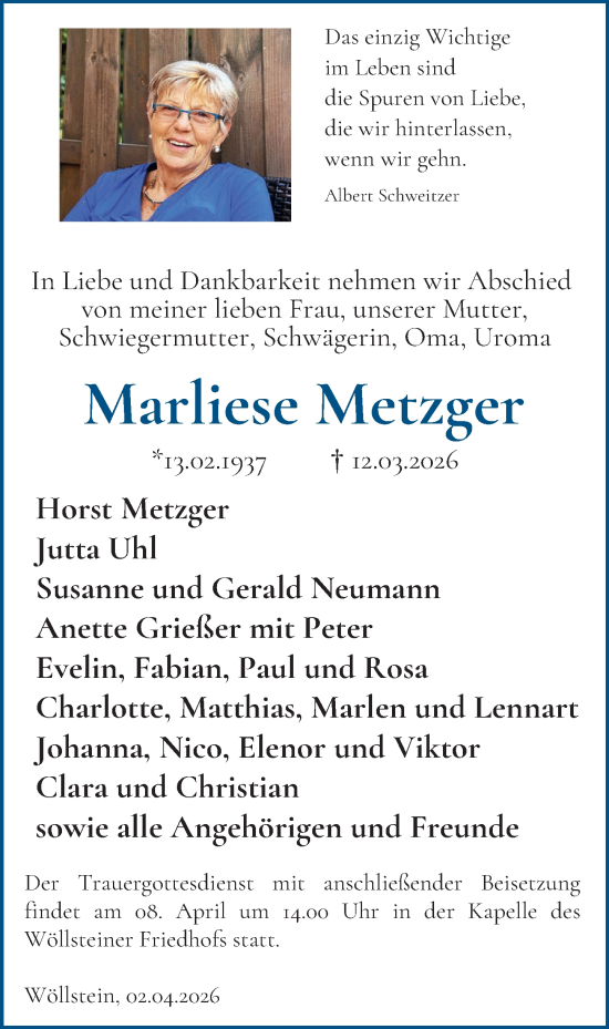 Traueranzeige von Marliese Metzger von Allgemeine Zeitung Alzey