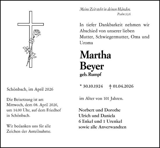 Traueranzeige von Martha Beyer von Dill Block