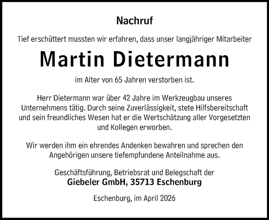 Traueranzeige von Martin Dietermann von Dill Block