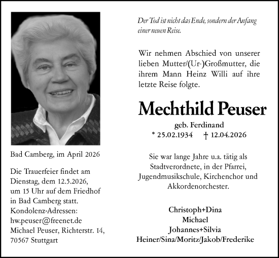 Traueranzeige von Mechthild Peuser von Nassauische Neue Presse