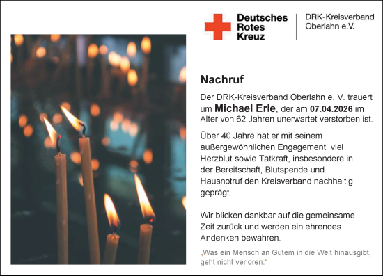 Traueranzeige von Michael Erle von Weilburger Tageblatt