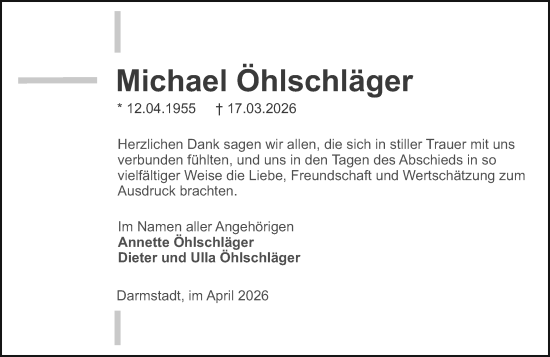 Traueranzeige von Michael Öhlschläger von Darmstädter Echo