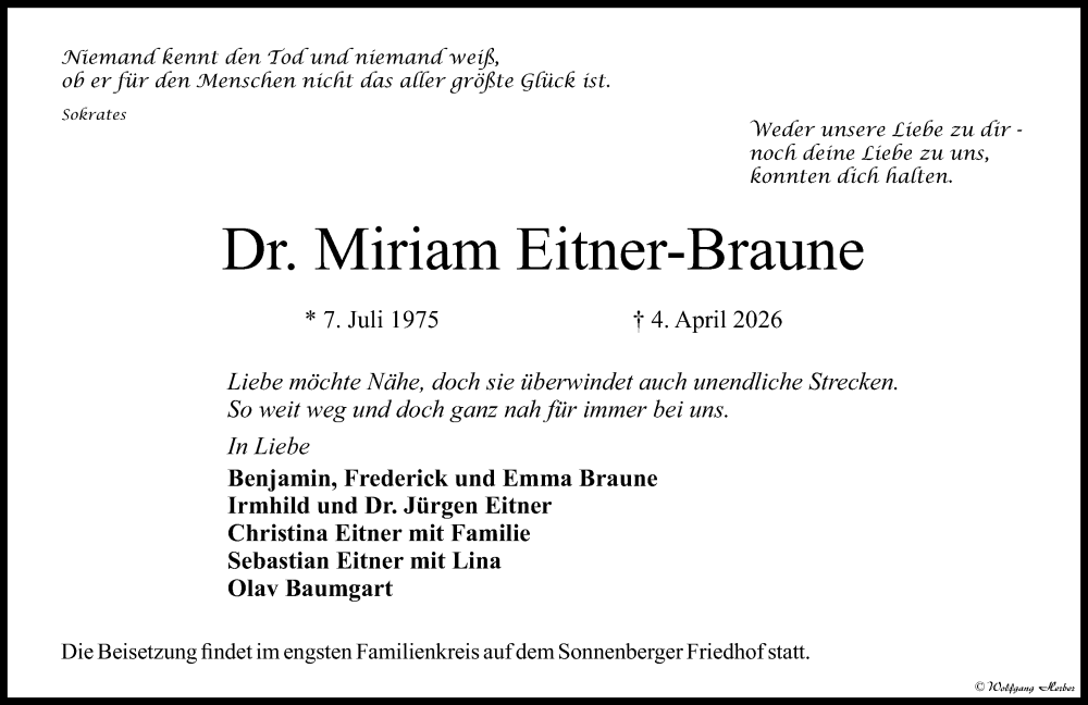 Traueranzeige für Miriam Eitner-Braune vom 25.04.2026 aus Wiesbadener Kurier