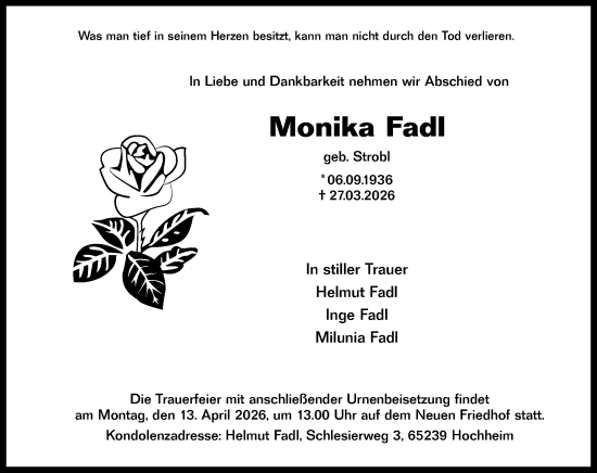 Traueranzeige von Monika Fadl von Hochheimer Zeitung