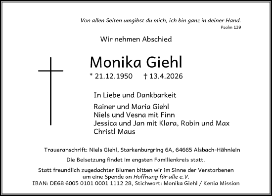 Traueranzeige von Monika Giehl von Wiesbadener Kurier