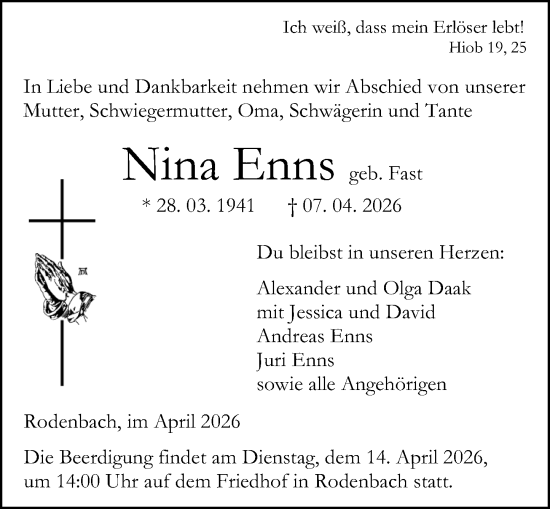 Traueranzeige von Nina Enns von Dill Block