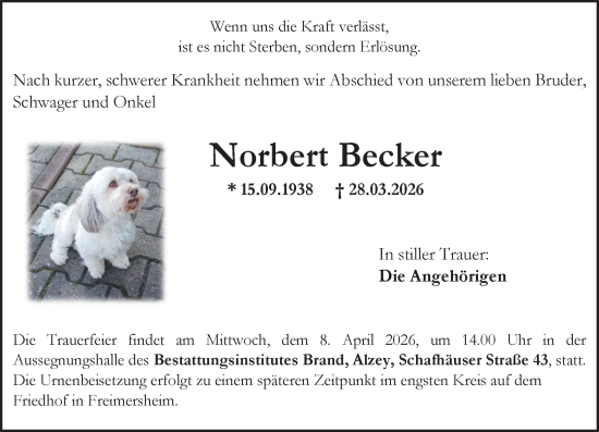 Traueranzeige von Norbert Becker von Allgemeine Zeitung Alzey