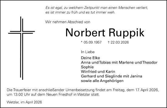Traueranzeige von Norbert Ruppik von Wetzlarer Neue Zeitung