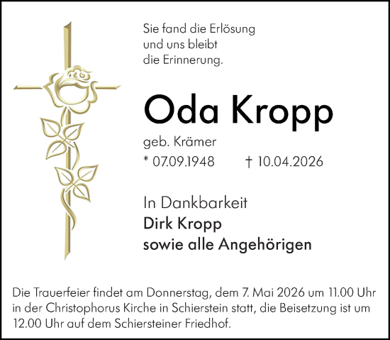 Traueranzeige von Oda Kropp von Wiesbadener Kurier