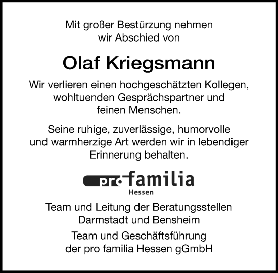 Traueranzeige von Olaf Kriegsmann von Darmstädter Echo