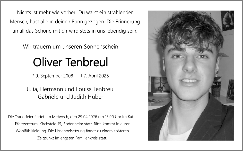  Traueranzeige für Oliver Tenbreul vom 18.04.2026 aus Allgemeine Zeitung Mainz