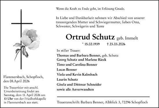 Traueranzeige von Ortrud Schutz von Dill Block