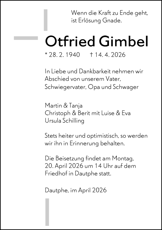 Traueranzeige von Otfried Gimbel von Hinterländer Anzeiger