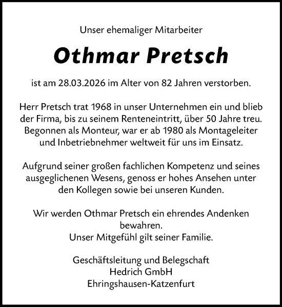Traueranzeige von Othmar Pretsch von Dill Block
