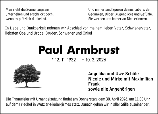 Traueranzeige von Paul Armbrust von Wetzlarer Neue Zeitung