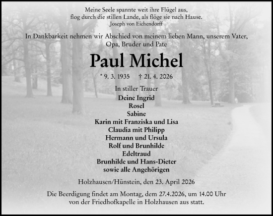 Traueranzeige von Paul Michel von Hinterländer Anzeiger