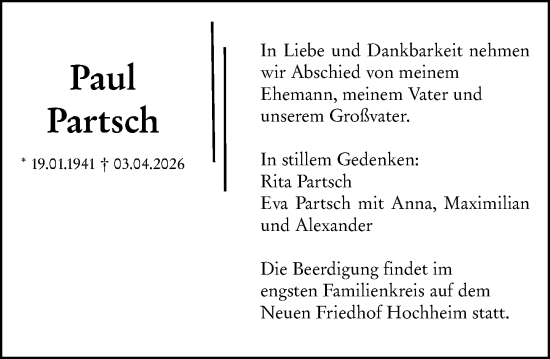 Traueranzeige von Paul Partsch von Hochheimer Zeitung