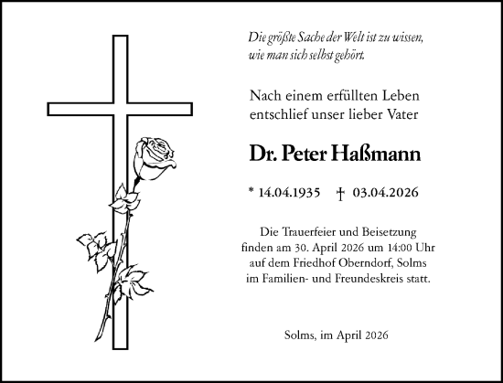 Traueranzeige von Peter Haßmann von Wetzlarer Neue Zeitung