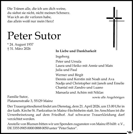 Traueranzeige von Peter Sutor von Allgemeine Zeitung Mainz