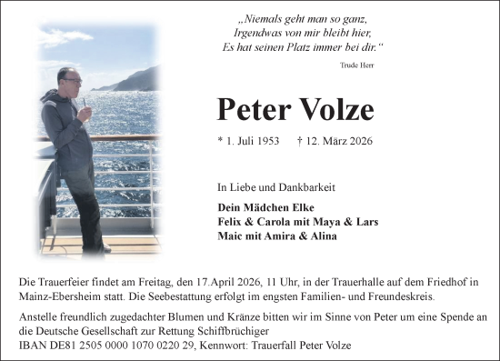 Traueranzeige von Peter Volze von Allgemeine Zeitung Mainz