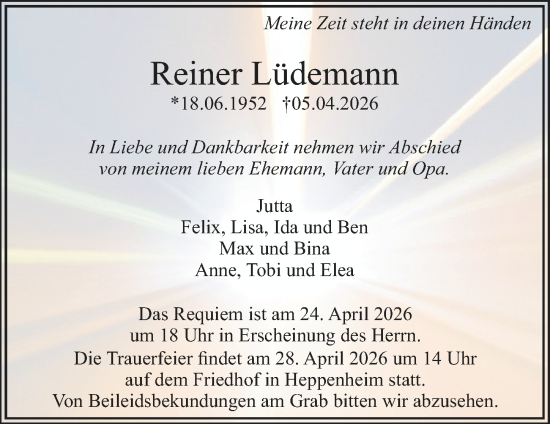 Traueranzeige von Reiner Lüdemann von Starkenburger Echo