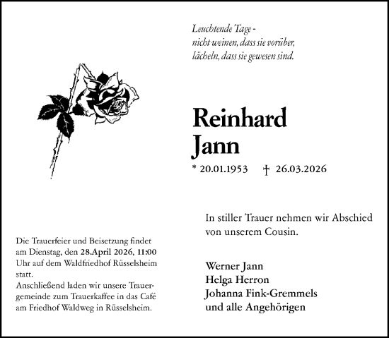 Traueranzeige von Reinhard Jann von Rüsselsheimer Echo