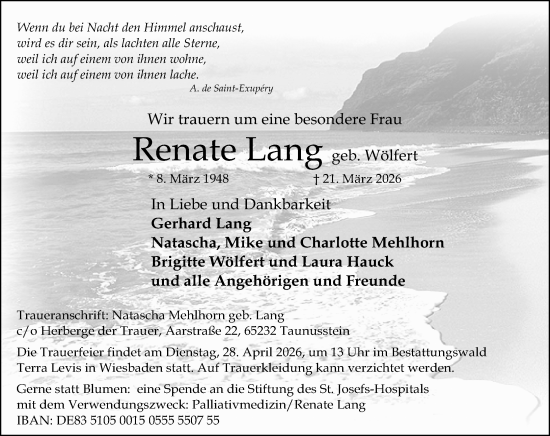 Traueranzeige von Renate Lang von Wiesbadener Kurier