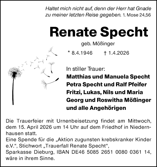 Traueranzeige von Renate Specht von Darmstädter Echo