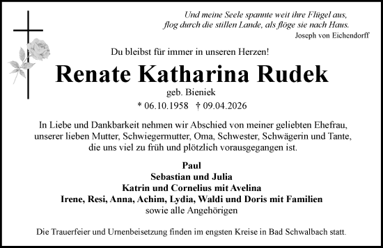 Traueranzeige von Renate Katharina Rudek von Wiesbadener Kurier