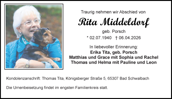 Traueranzeige von Rita Middeldorf von Idsteiner Land/Untertaunus
