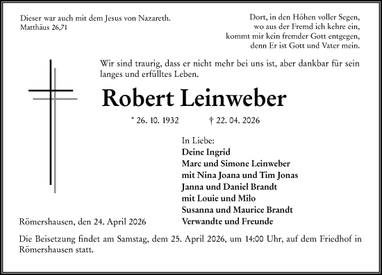 Traueranzeige von Robert Leinweber von Hinterländer Anzeiger