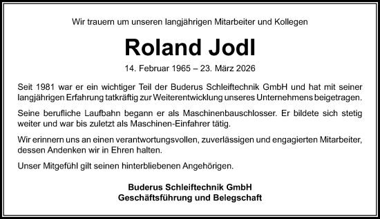 Traueranzeige von Roland Jodl von Wetzlarer Neue Zeitung