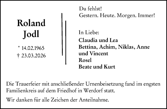 Traueranzeige von Roland Jodl von Wetzlarer Neue Zeitung