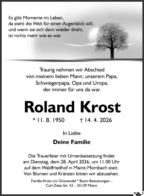 Traueranzeige von Roland Krost von Allgemeine Zeitung Mainz