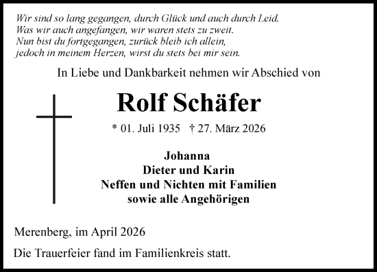 Traueranzeige von Rolf Schäfer von Weilburger Tageblatt