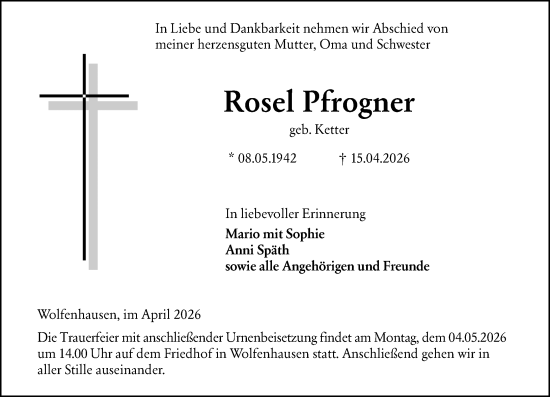 Traueranzeige von Rosel Pfrogner von Weilburger Tageblatt