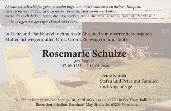Traueranzeige von Rosemarie Schulze von Wiesbadener Kurier