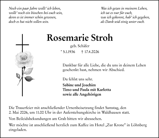 Traueranzeige von Rosemarie Stroh von Weilburger Tageblatt