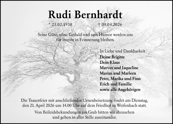 Traueranzeige von Rudi Bernhardt von Hinterländer Anzeiger