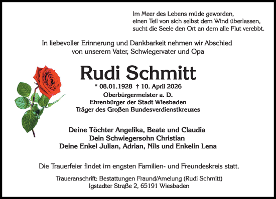 Traueranzeige von Rudi Schmitt von Wiesbadener Kurier