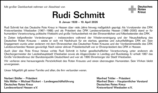 Traueranzeige von Rudi Schmitt von Wiesbadener Kurier